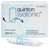 Quinton ampoules isotonique emballage visible, aide potentielle à l'hydratation quotidienne.