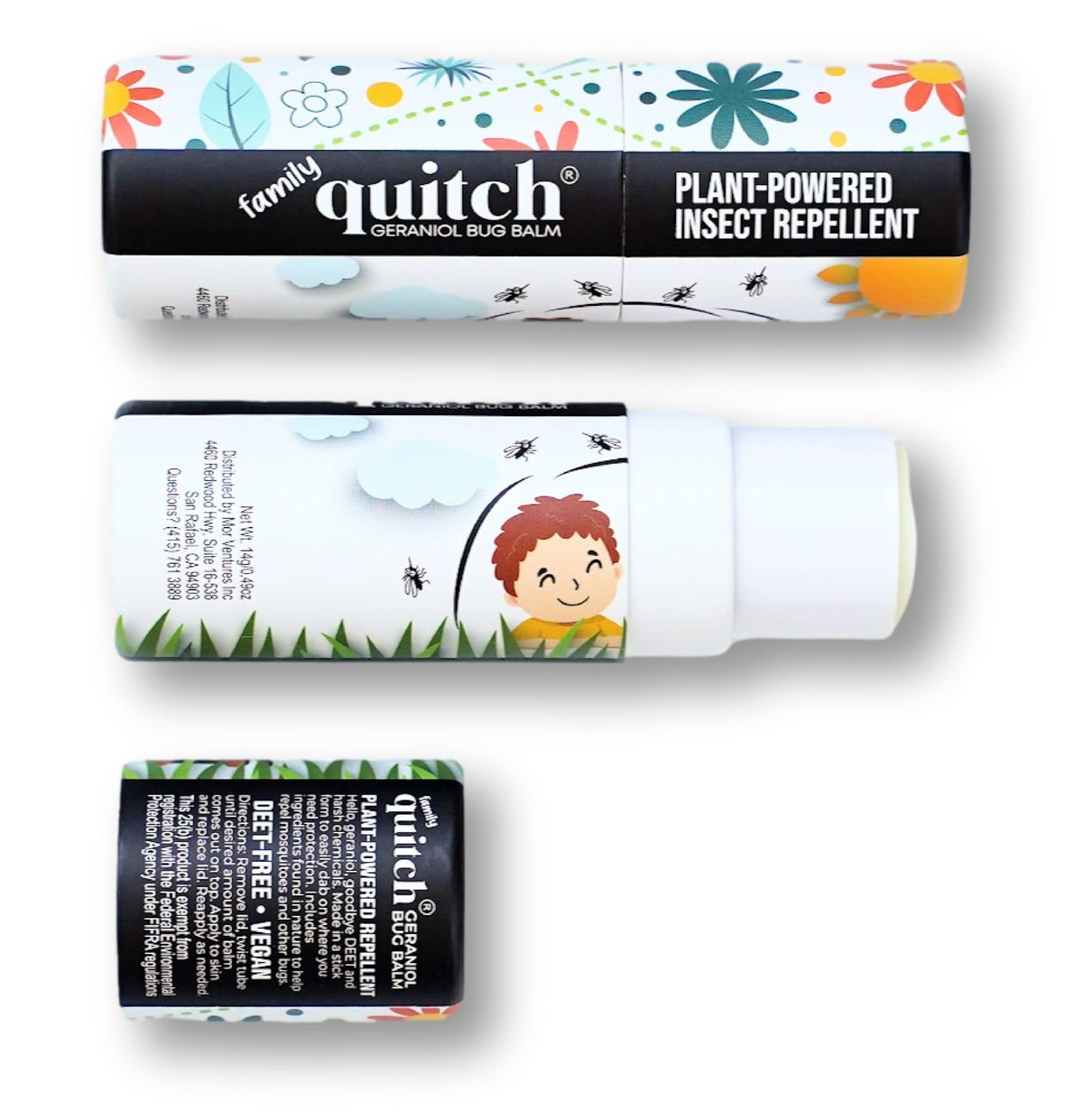 Quitch Geraniol Balm emballage format voyage, idéal pour randonnées et voyages.