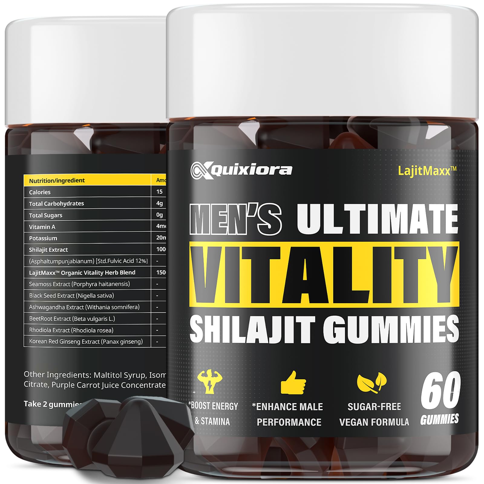 Gomme Quixiora Shilajit dans la bouteille ouverte, praticité pour votre routine quotidienne.