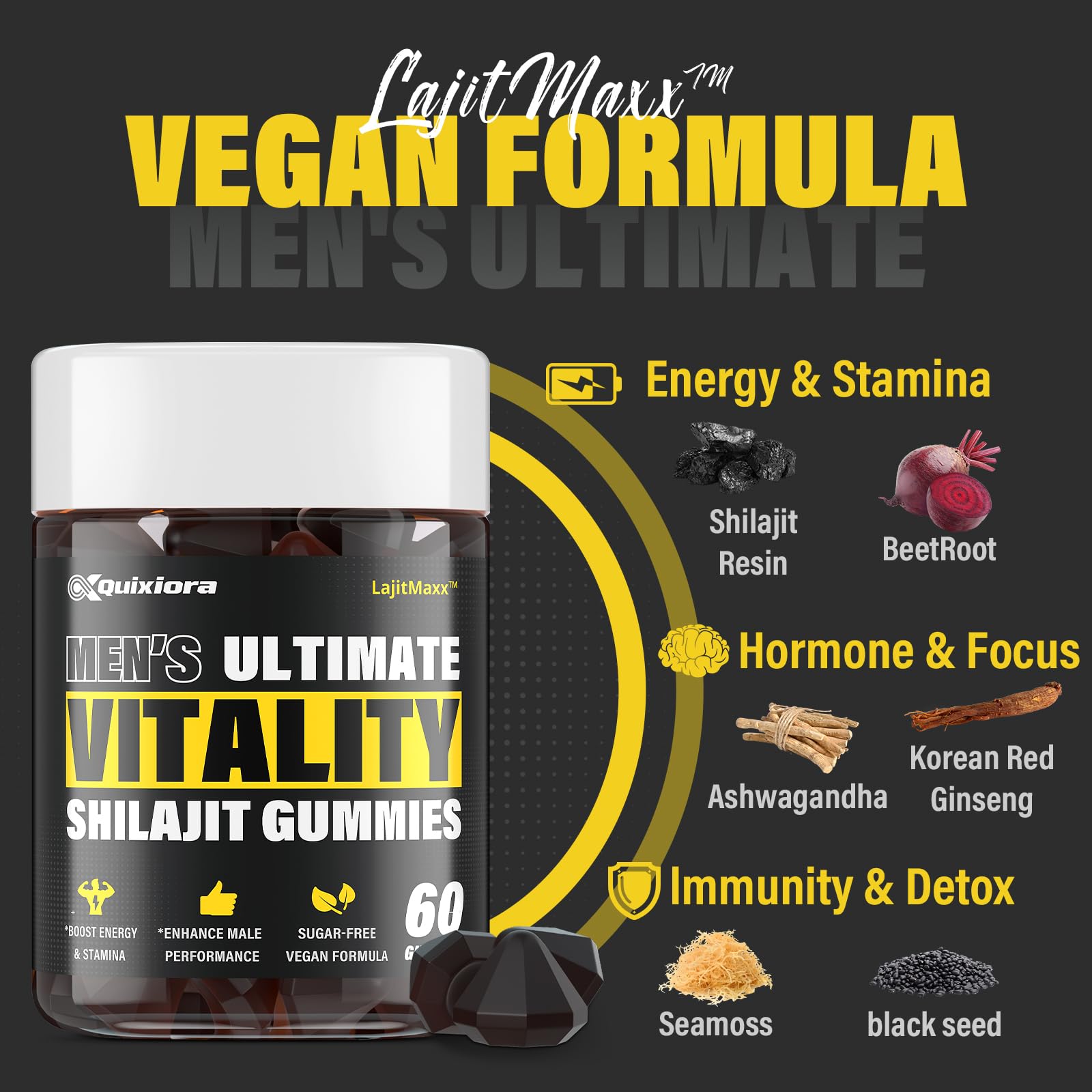 Gomme Quixiora Shilajit sous lumière douce, mise en valeur de l’aspect gélifié.