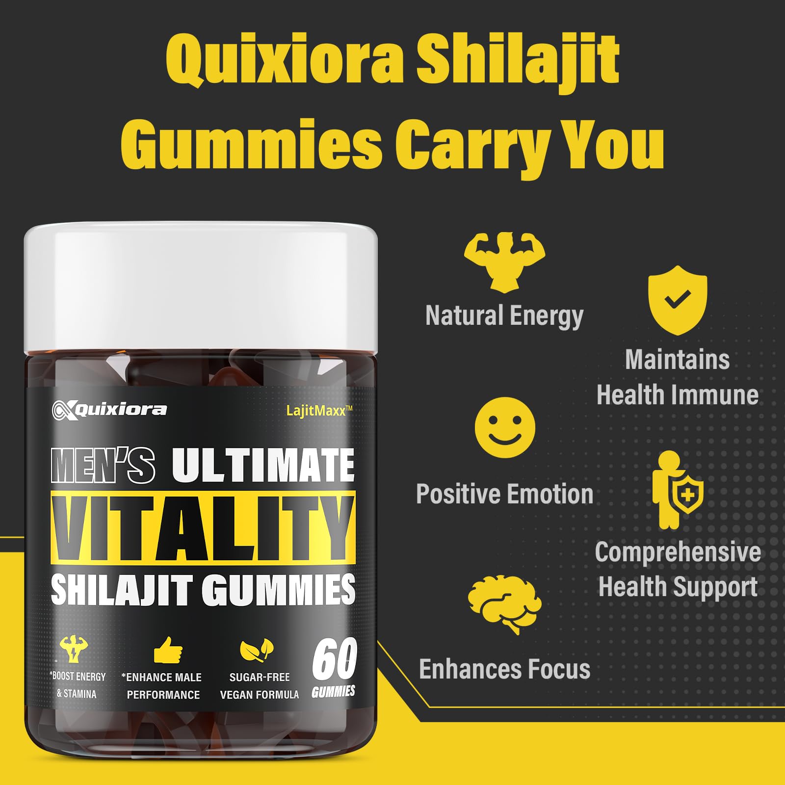 Gomme Quixiora Shilajit près du tableau d’ingrédients montrant les minéraux.