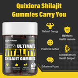 Gomme Quixiora Shilajit près du tableau d’ingrédients montrant les minéraux.
