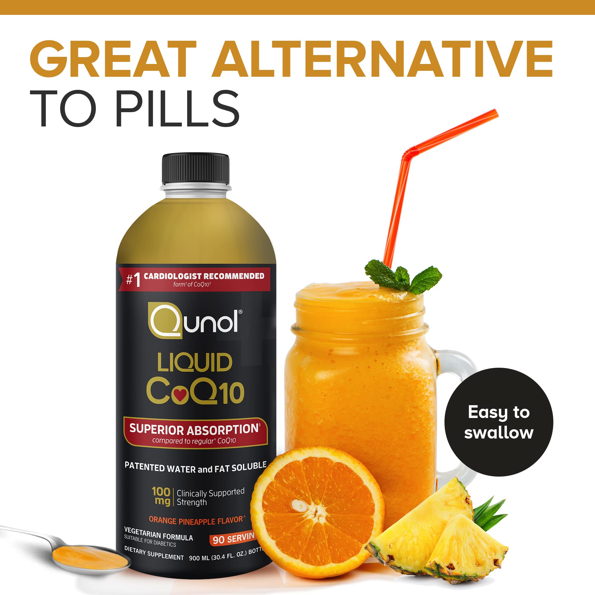 Qunol CoQ10 liquide, goût orange-ananas, prise quotidienne agréable.