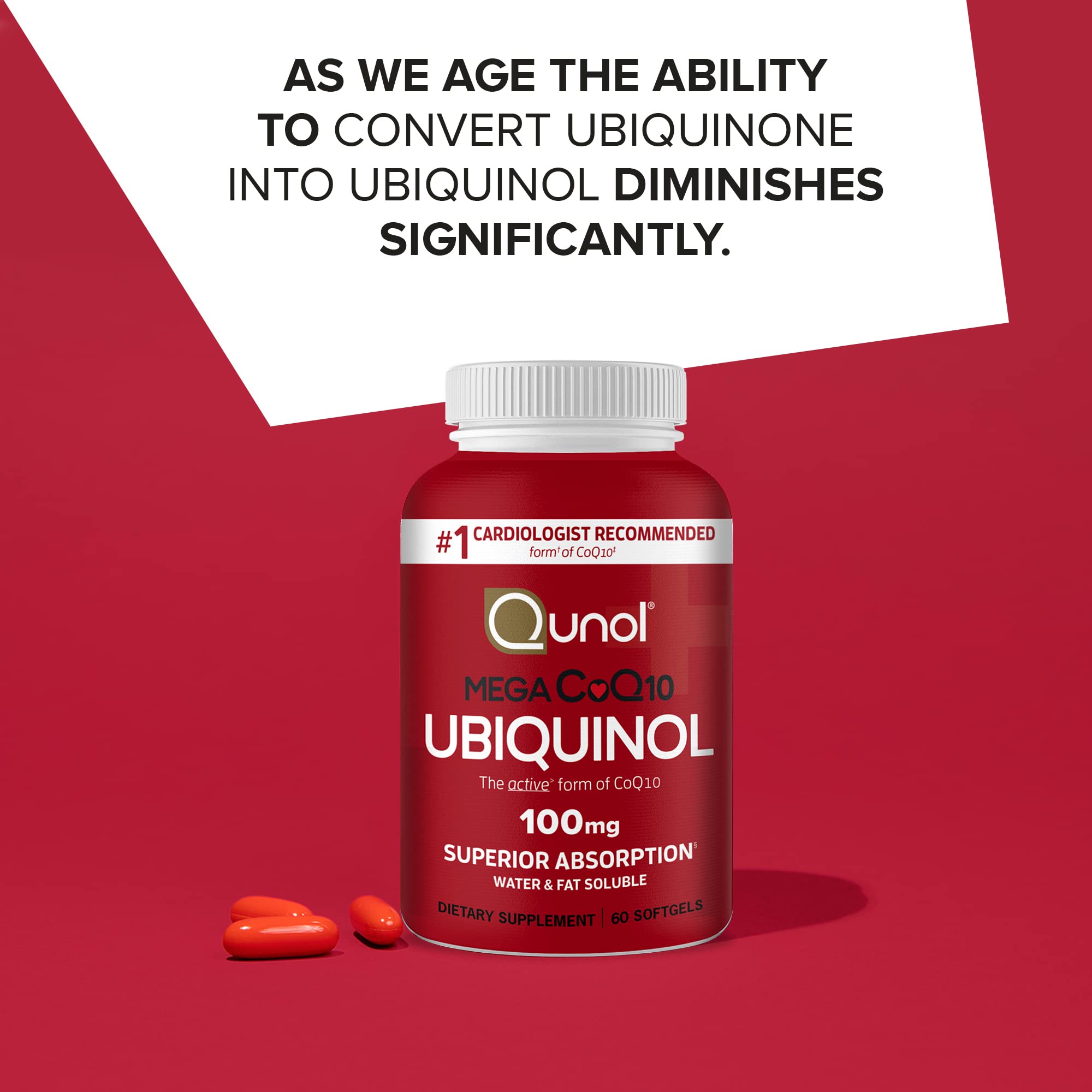 Qunol Mega Ubiquinol CoQ10 gélules, biodisponibilité élevée.