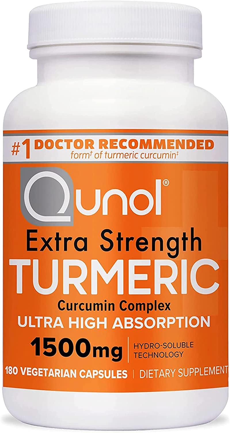 Qunol Turmeric Curcumin, bouteille de capsules, absorption élevée pour une utilisation quotidienne.