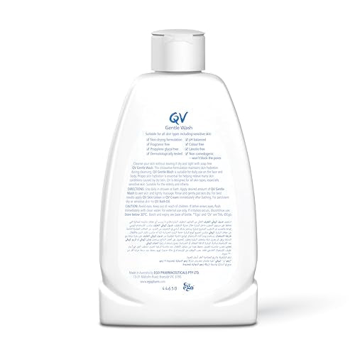 Étiquette sans parfum sur QV Gentle Wash, soin doux et sûr.