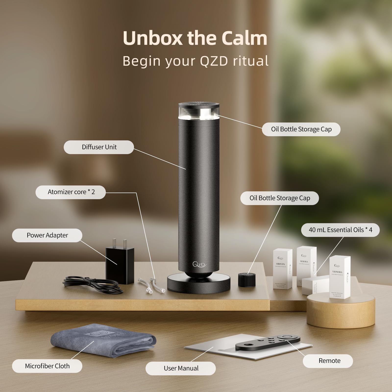 Quatre huiles de 40 ml incluses avec le diffuseur QZD A5.