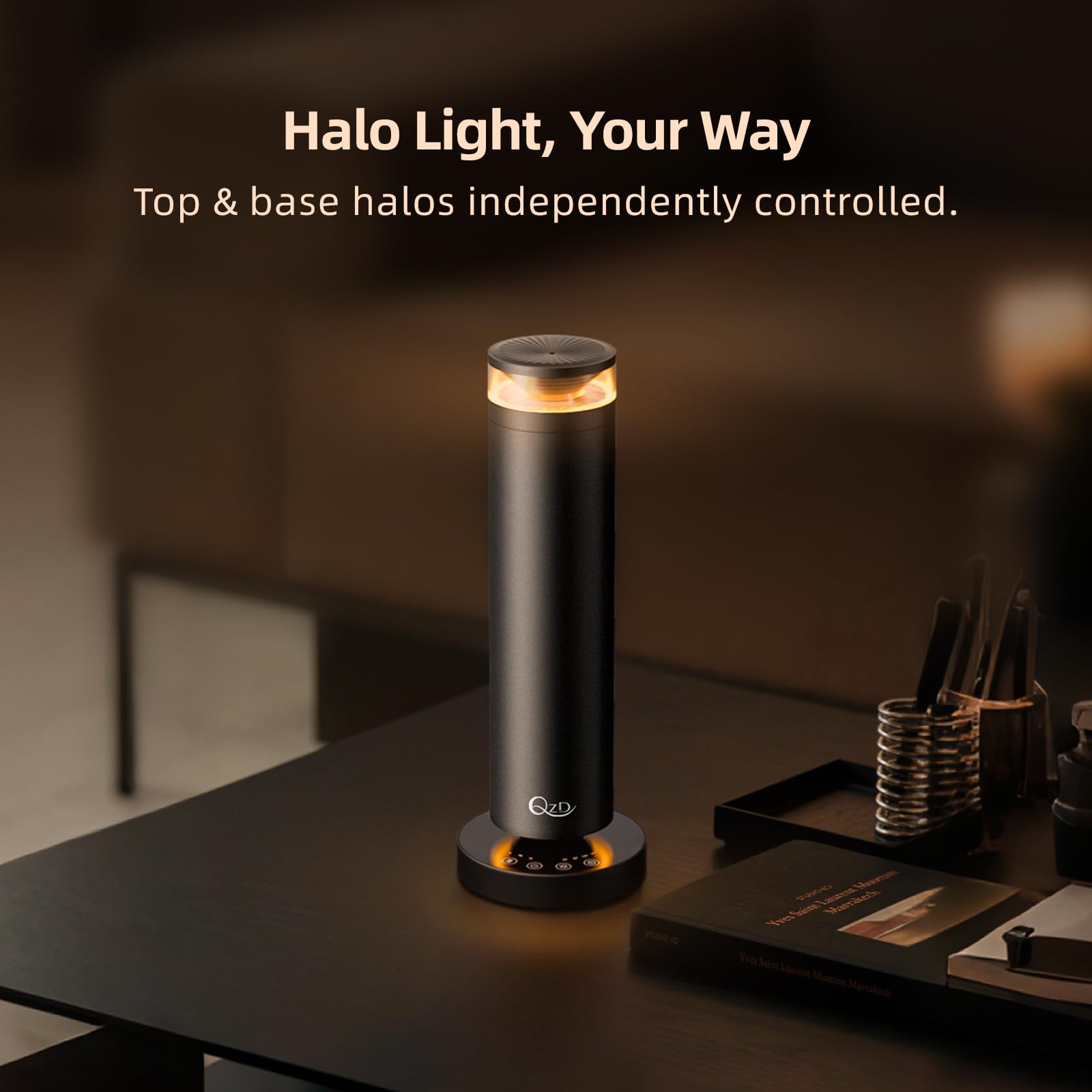 Halo lumineux du QZD A5 créant une ambiance hôtel dans le séjour.