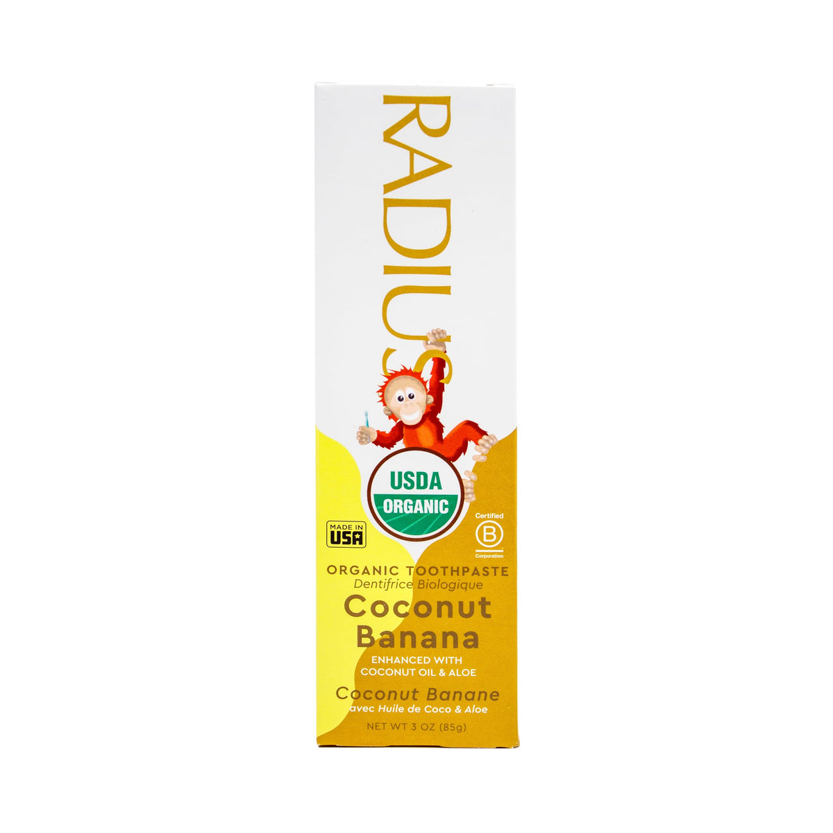 Radius dentifrice enfant coco banane, tube visible, soin doux et naturel