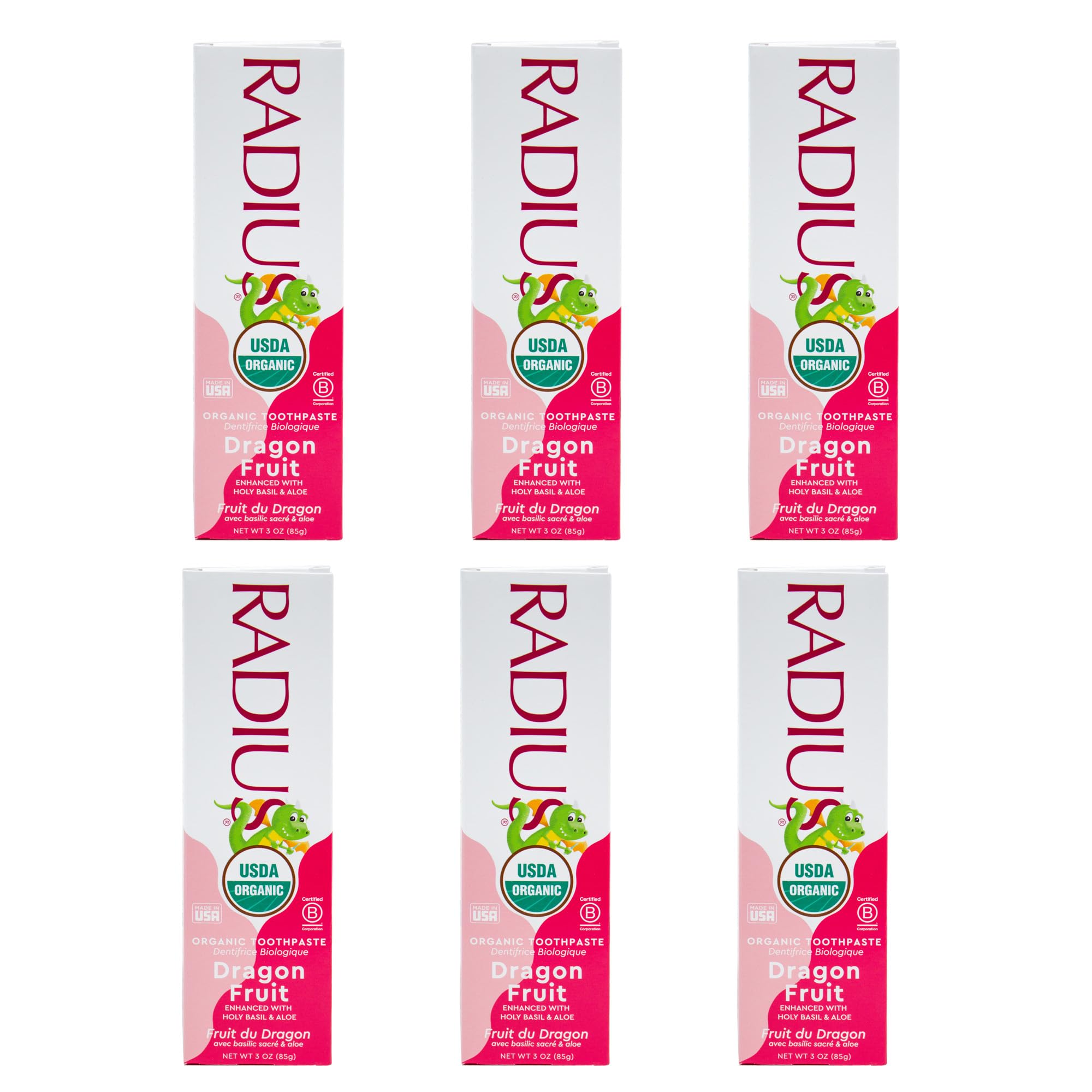 RADIUS dentifrice enfant parfum fruit du dragon, pack de 6, goût agréable