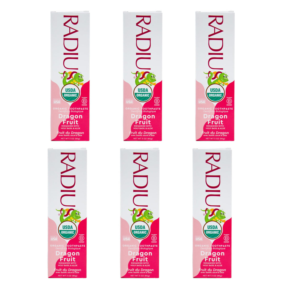 RADIUS dentifrice enfant parfum fruit du dragon, pack de 6, goût agréable