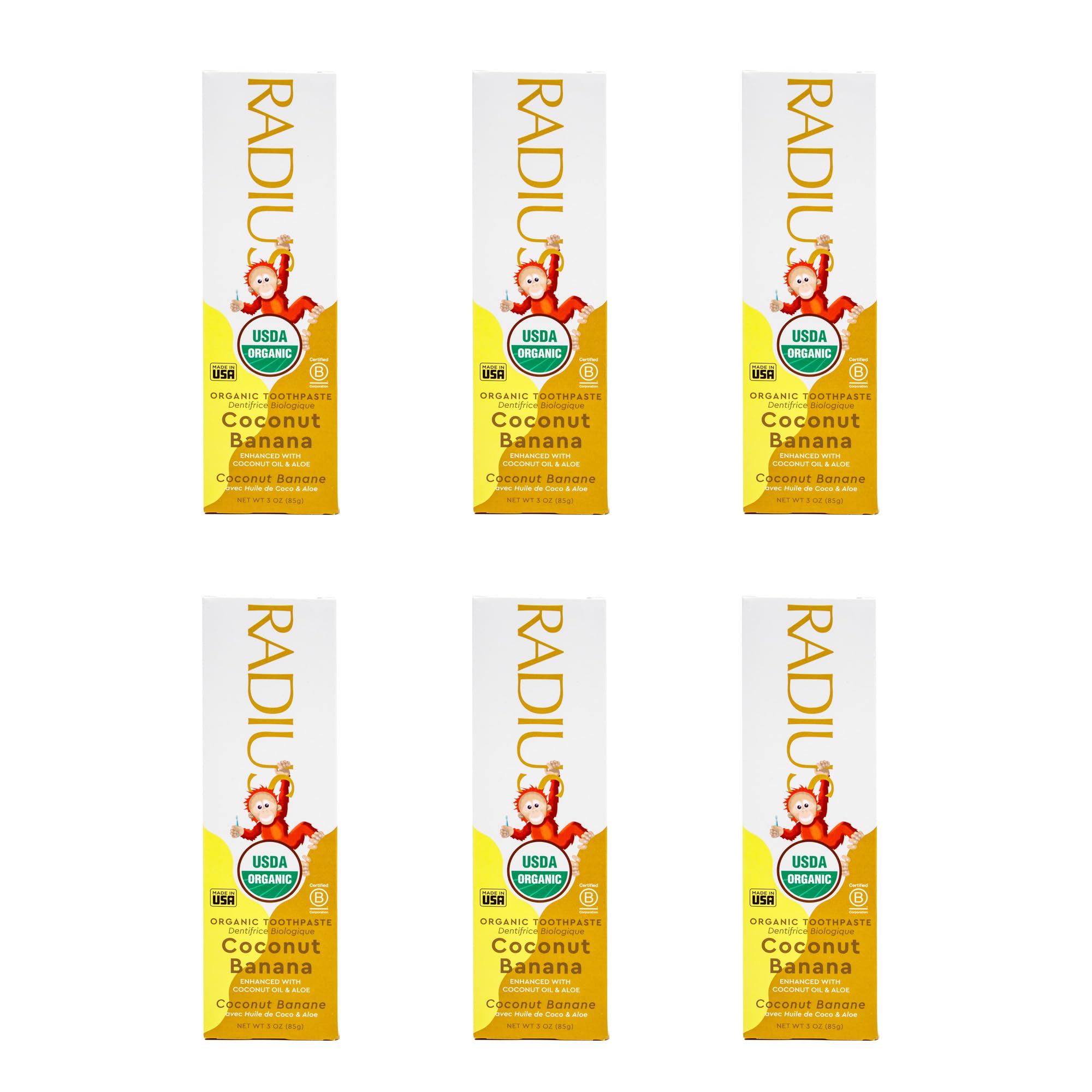 Radius dentifrice enfant biologique coco-banane emballage pack6, routine quotidienne sûre
