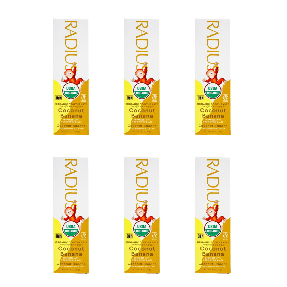 Radius dentifrice enfant biologique coco-banane emballage pack6, routine quotidienne sûre