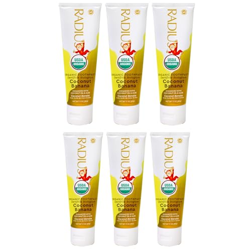 Tube bleu Radius dentifrice enfant coco banane sans fluor pour gencives sensibles