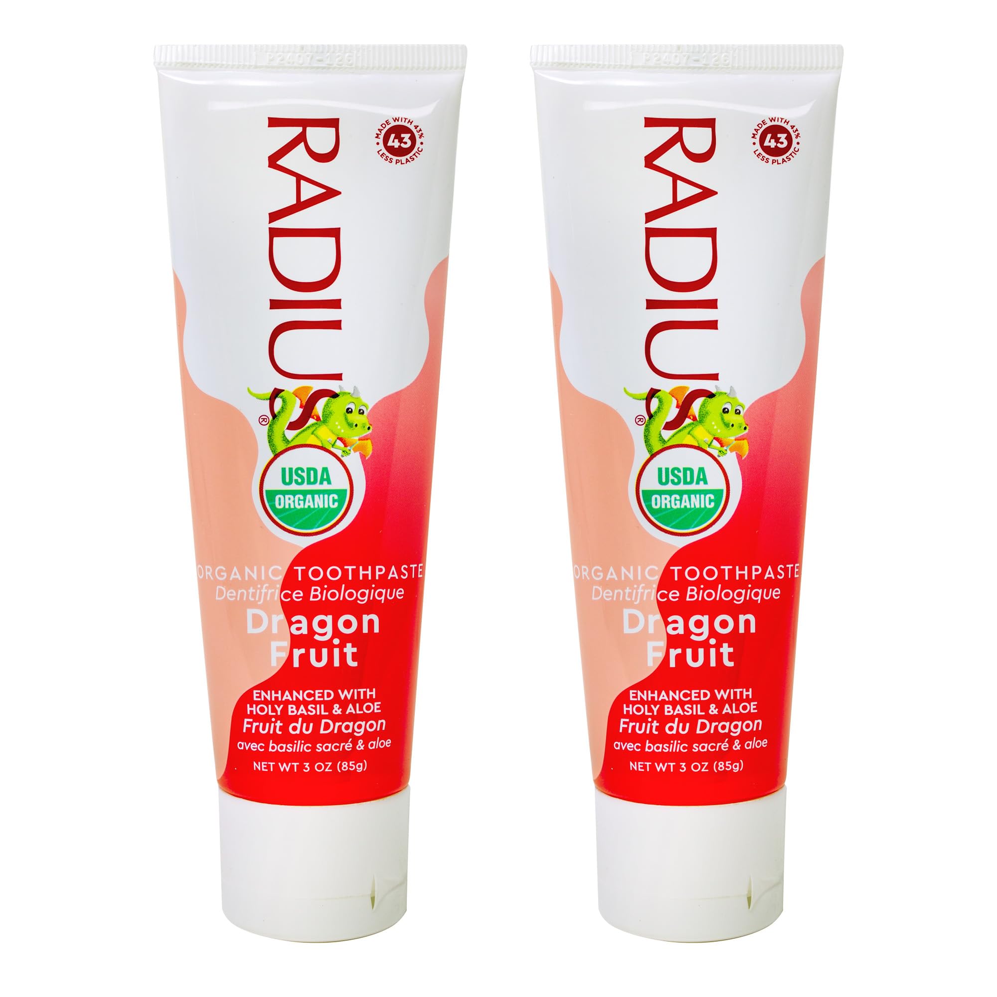 RADIUS dentifrice biologique pour enfants, ingrédients naturels visibles.