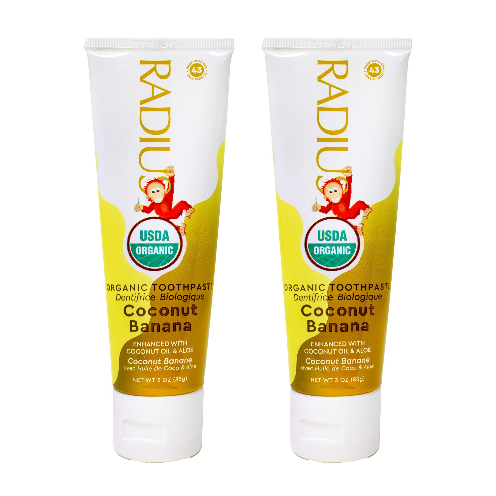 RADIUS dentifrice enfant coco-banane, tube ouvert, mousse douce et fraîche