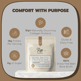 Rae Basics poudre chocolat bouillon d’os, verre chaud: goût riche et moment cosy.