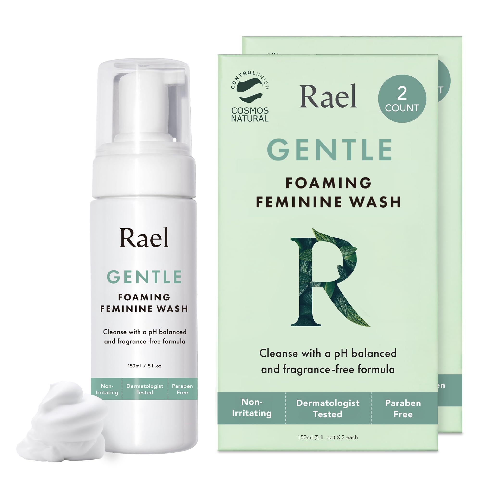 Rael lavage intime mousse, bouteille avec pompe pour une application douce.