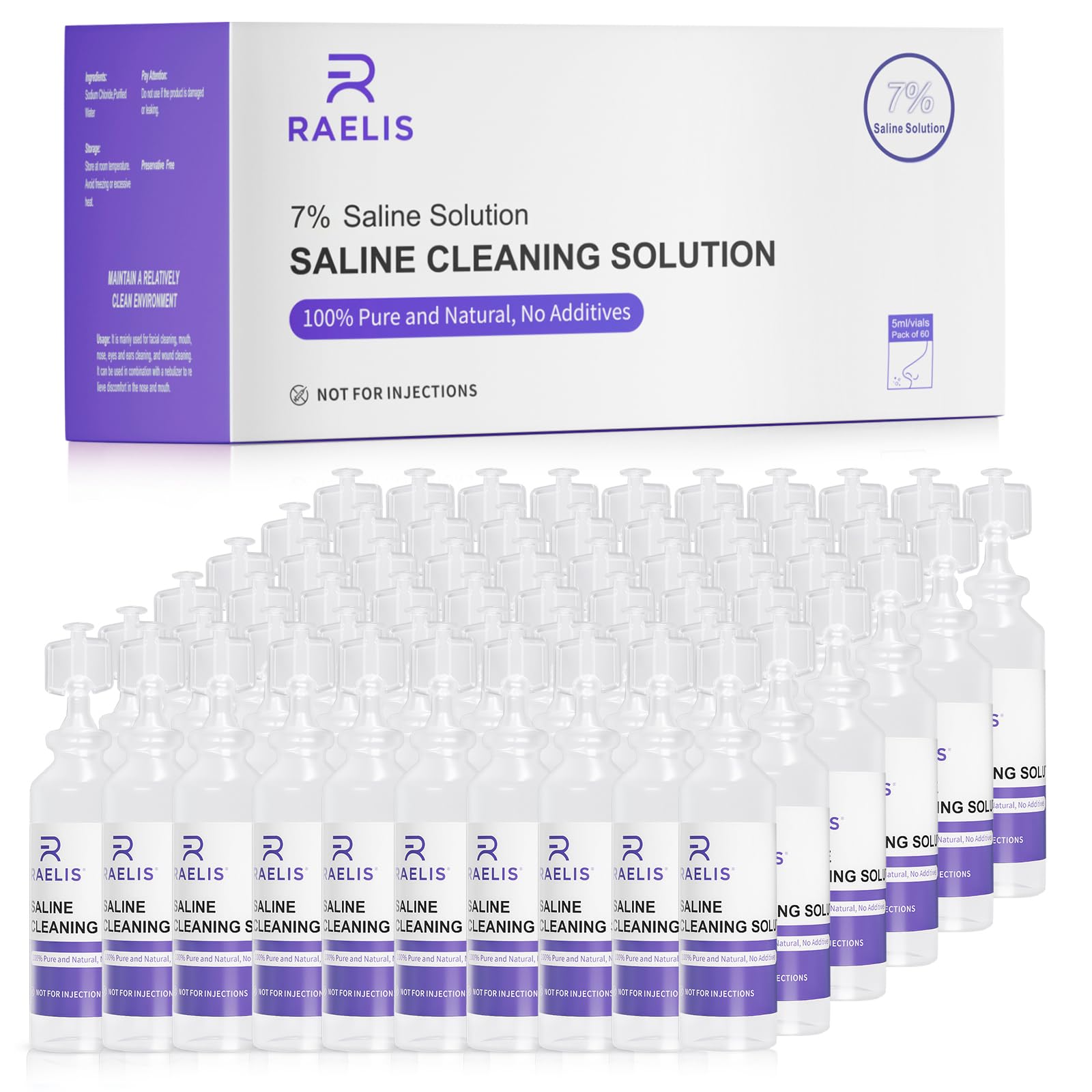 RAELIS solution saline 7% – lot de 60 flacons 5 ml, pratique à la maison.