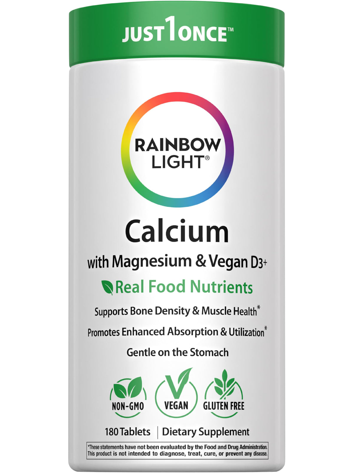Rainbow Light Calcium Complex bouteille montrant la formule vegan pour soutenir la densité osseuse.