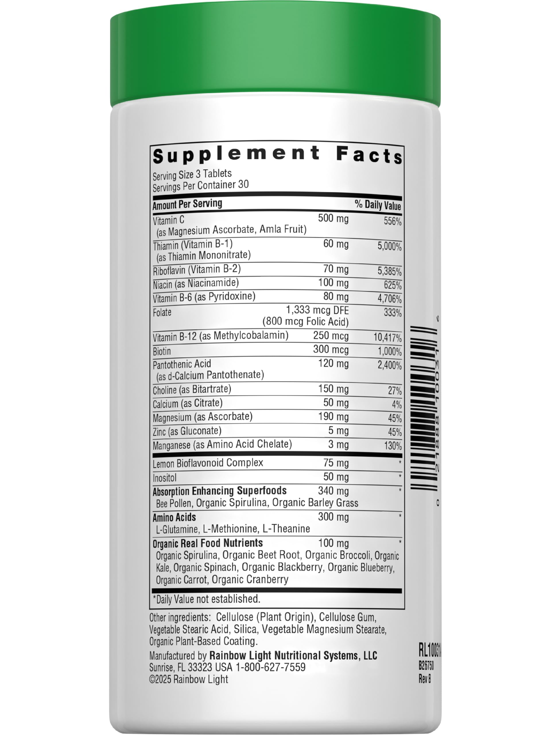 Rainbow Light Complete B-Complex – comprimés, formulation alimentaire favorisant la vitalité durable.