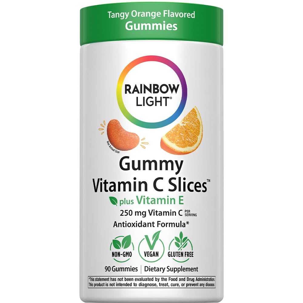 Gommes Rainbow Light vitamine C orange dans la bouteille, soutien potentiel pour l'immunité et le bien-être quotidien.