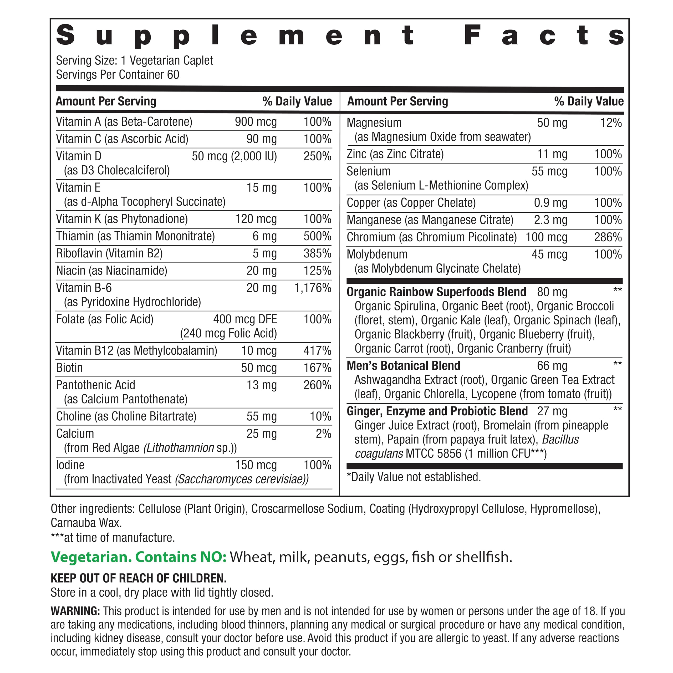 Rainbow Light Multivitamine One caplets ingrédients, nutriments réels favorisant vitalité et équilibre