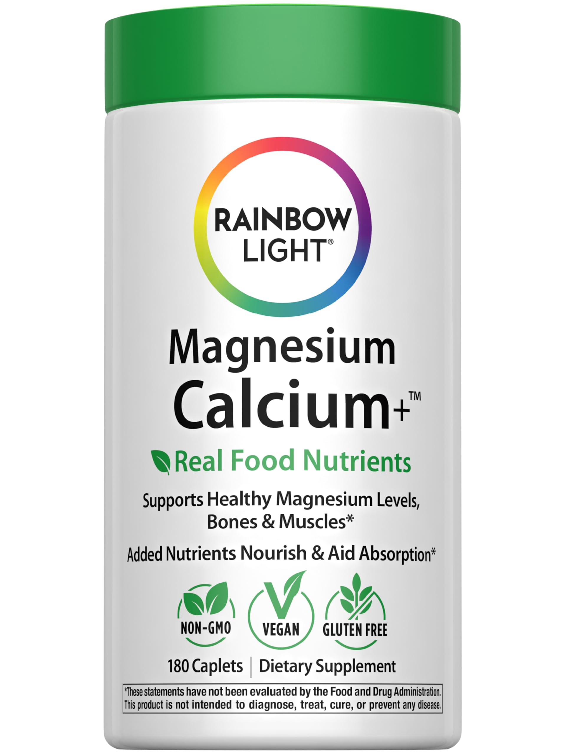 Rainbow Light Magnesium Calcium comprimés dans une bouteille, soutien potentiel des muscles et des os.