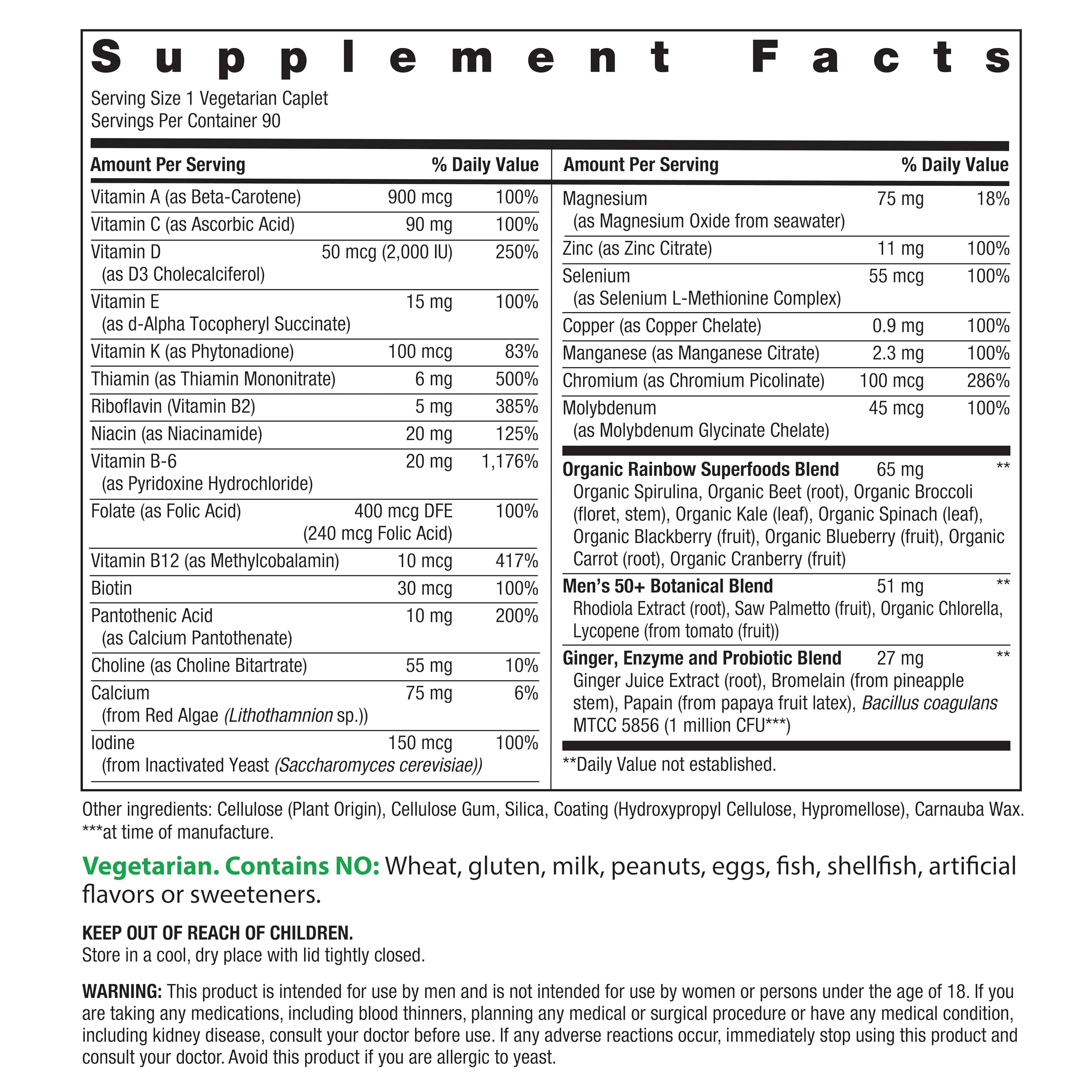 Rainbow Light Mens One 50+ – étiquette nutritionnelle claire montrant les vitamines essentielles et l’apport quotidien.