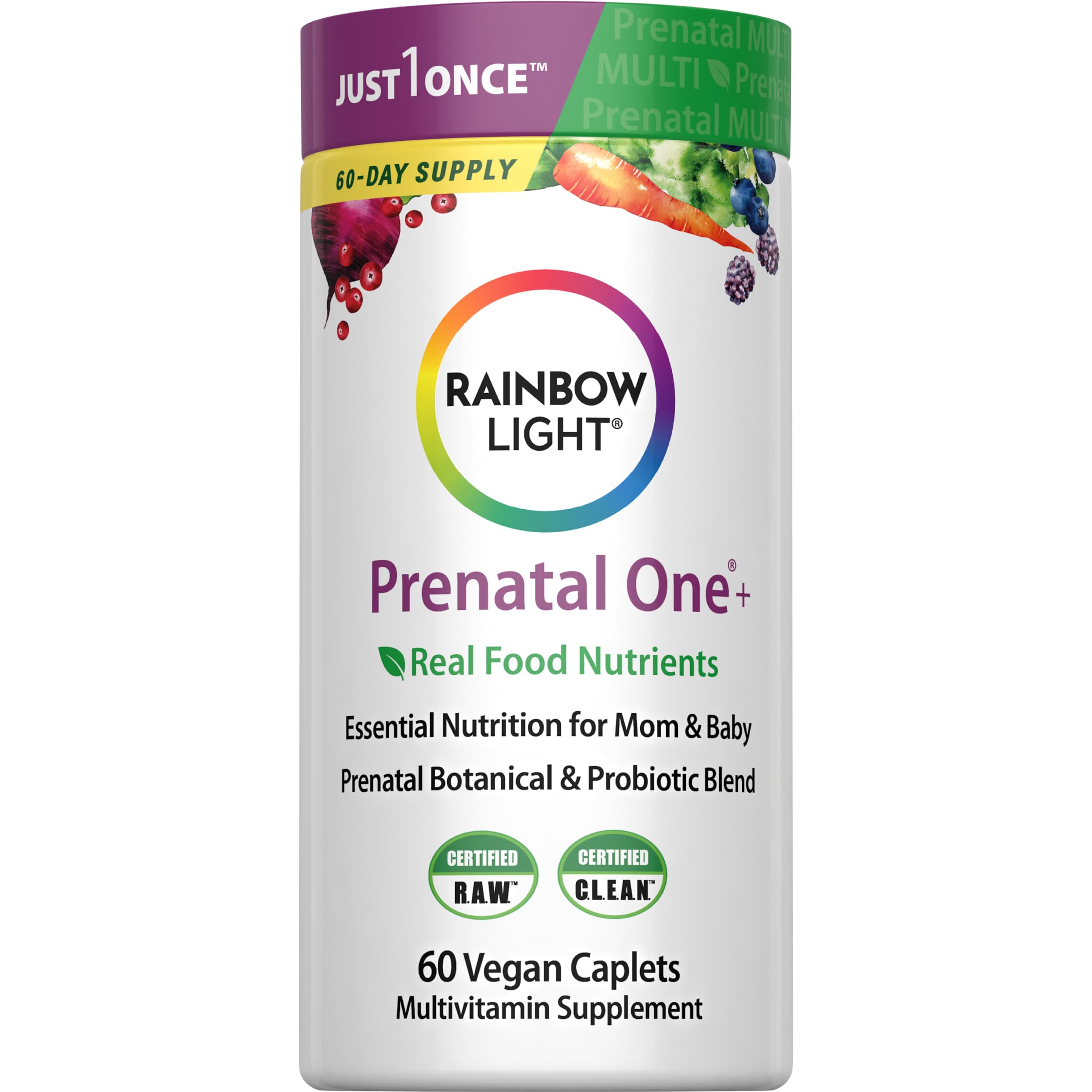 Rainbow Light Prenatal One+ — bouteille montrant les comprimés, soutien nutritionnel pour maman et bébé.