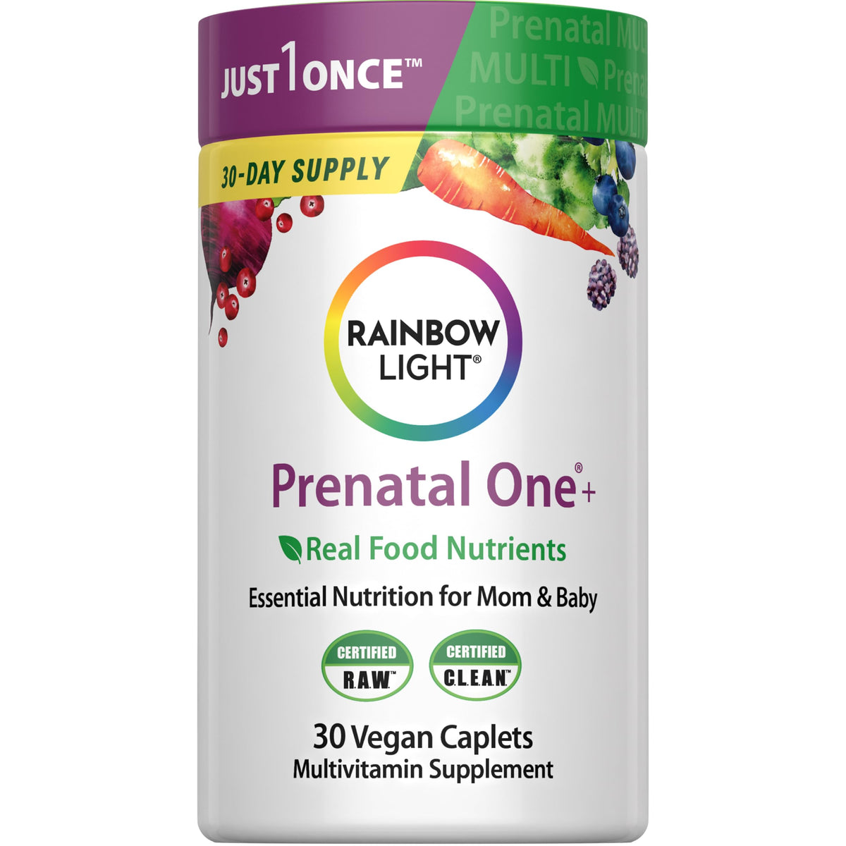 Rainbow Light Prénatal One: bouteille de comprimés véganes pour soutenir la nutrition maman-bébé.