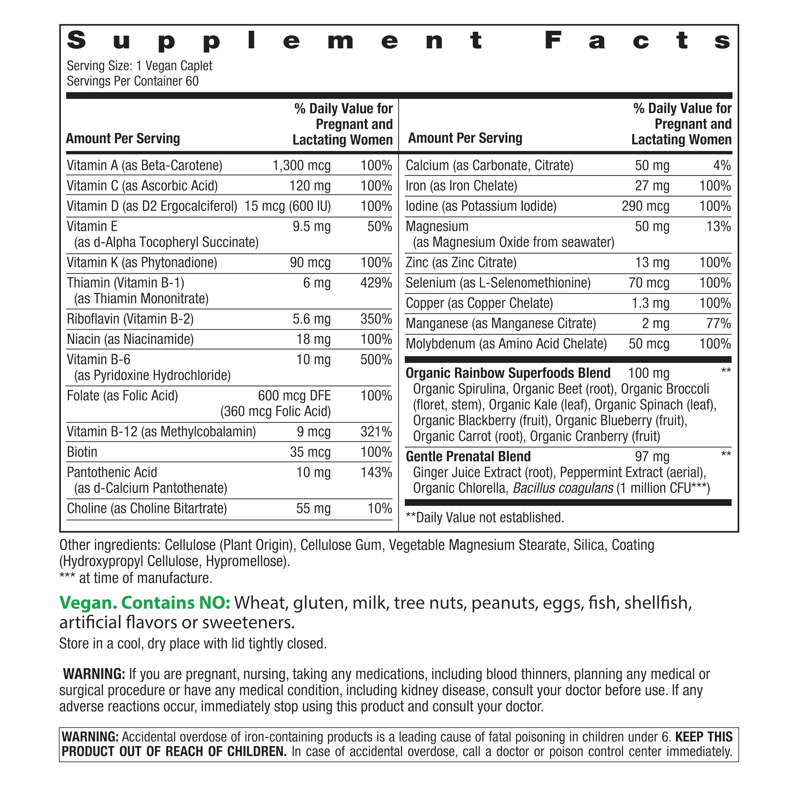 Rainbow Light Prenatal One+ — étiquette sans OGM, assurance qualité et pureté.