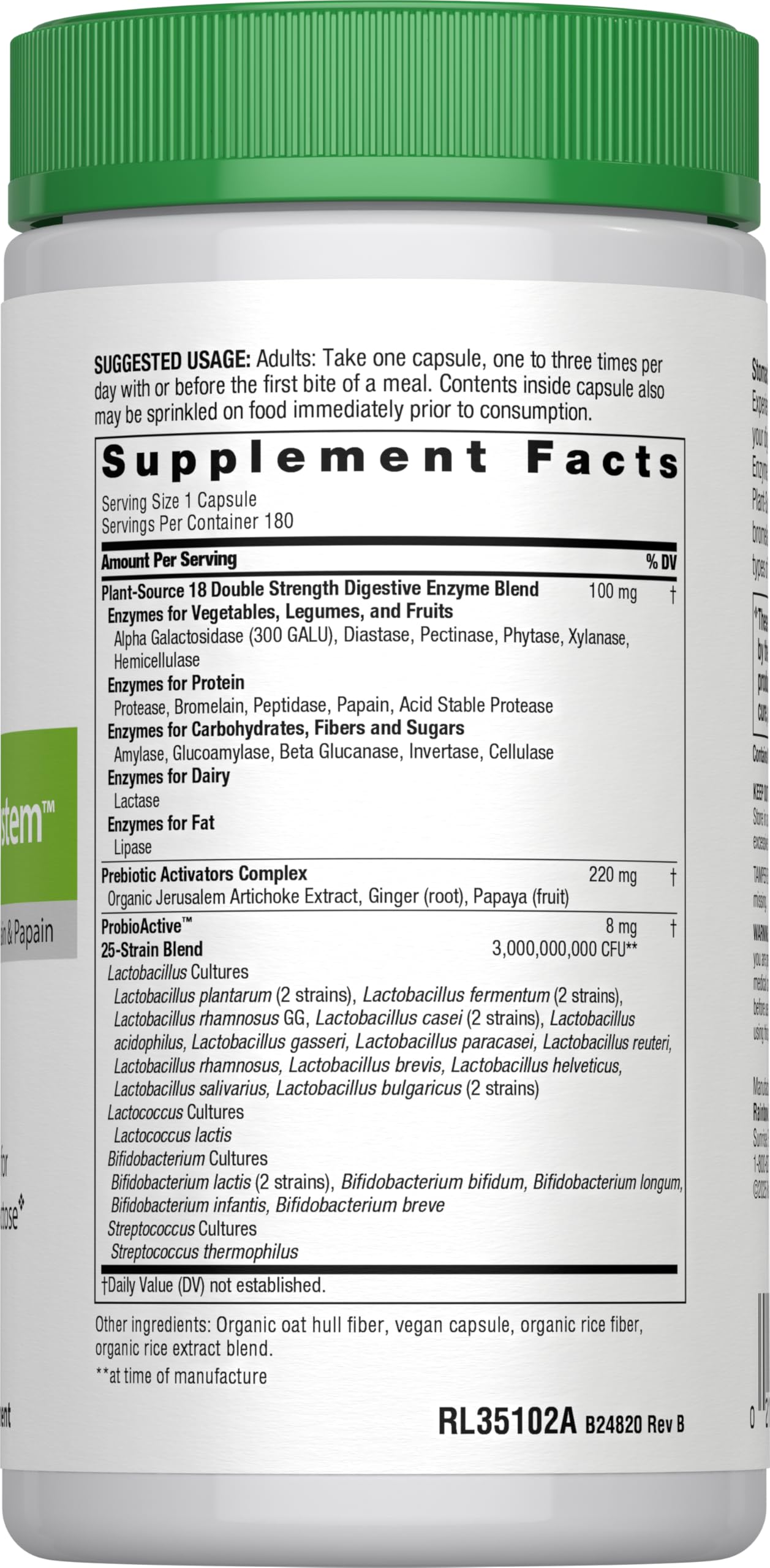 Rainbow Light Systeme denzymes avance – etiquette et information nutritionnelle sur le produit
