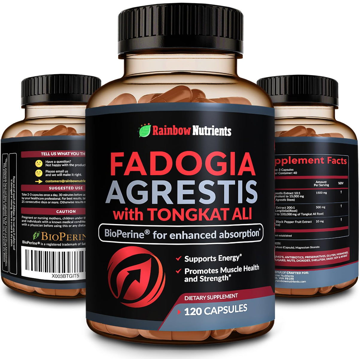 Rainbow Nutrients Fadogia Agrestis 115000mg dans une bouteille, soutien potentiel à l'endurance.