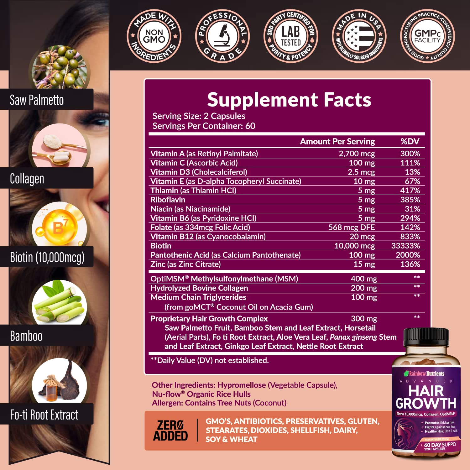Rainbow Nutrients – formule-croissance-cheveux : soutien nutritionnel quotidien.