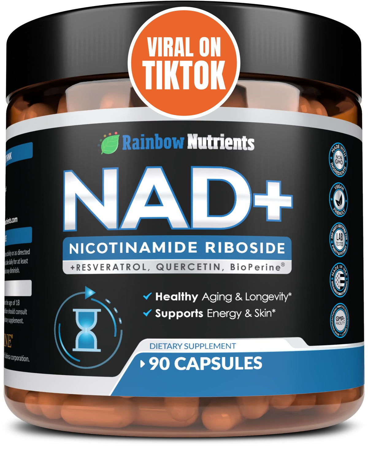 Rainbow Nutrients NAD+ – bouteille de gélules prête pour une routine d’énergie