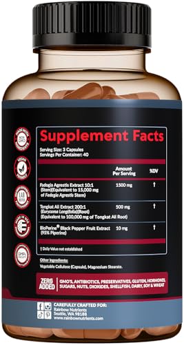 Rainbow Nutrients Tongkat Ali capsules pour énergie et performance durables.