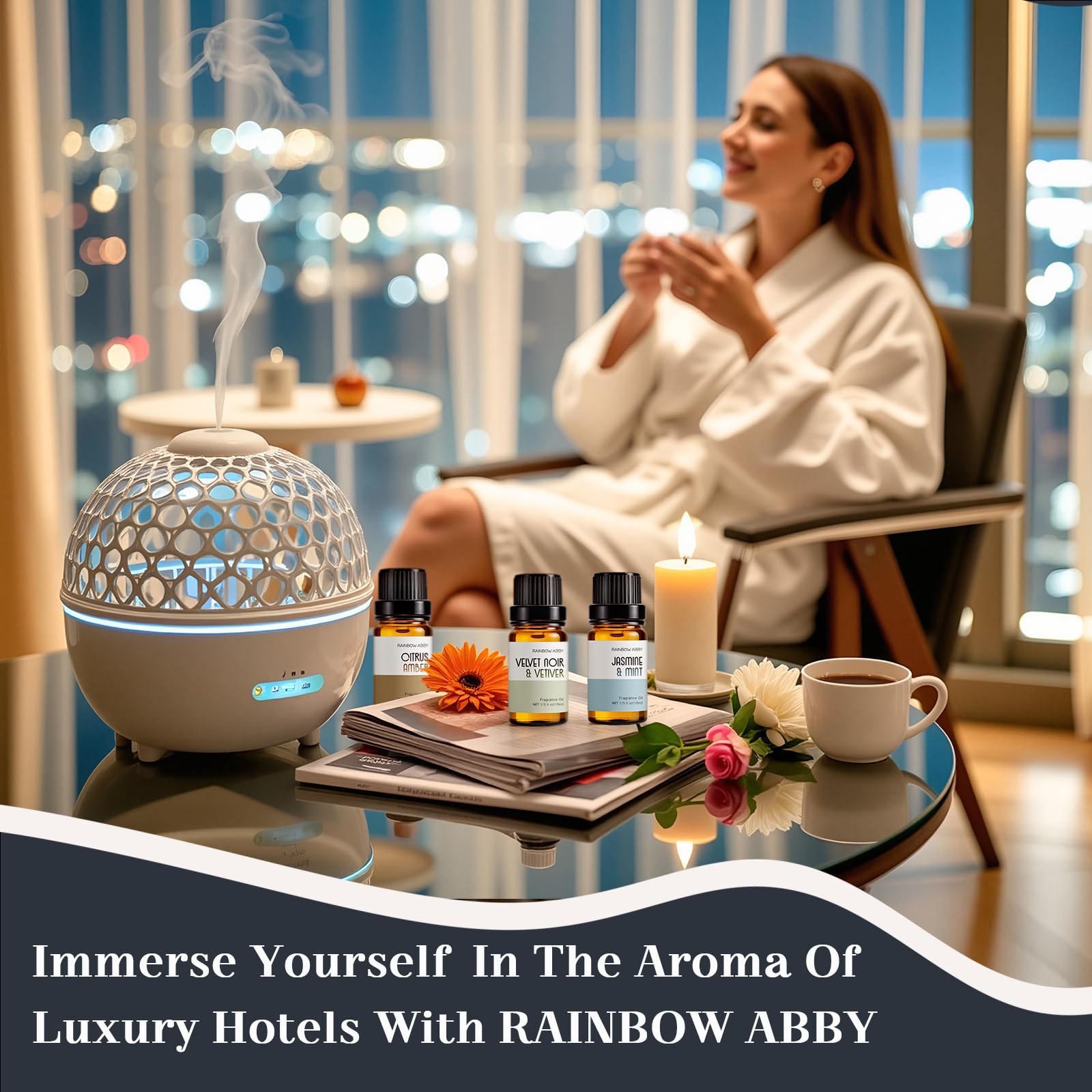 RAINBOW ABBY Velours noir et vétiver, parfum riche pour ambiance élégante.
