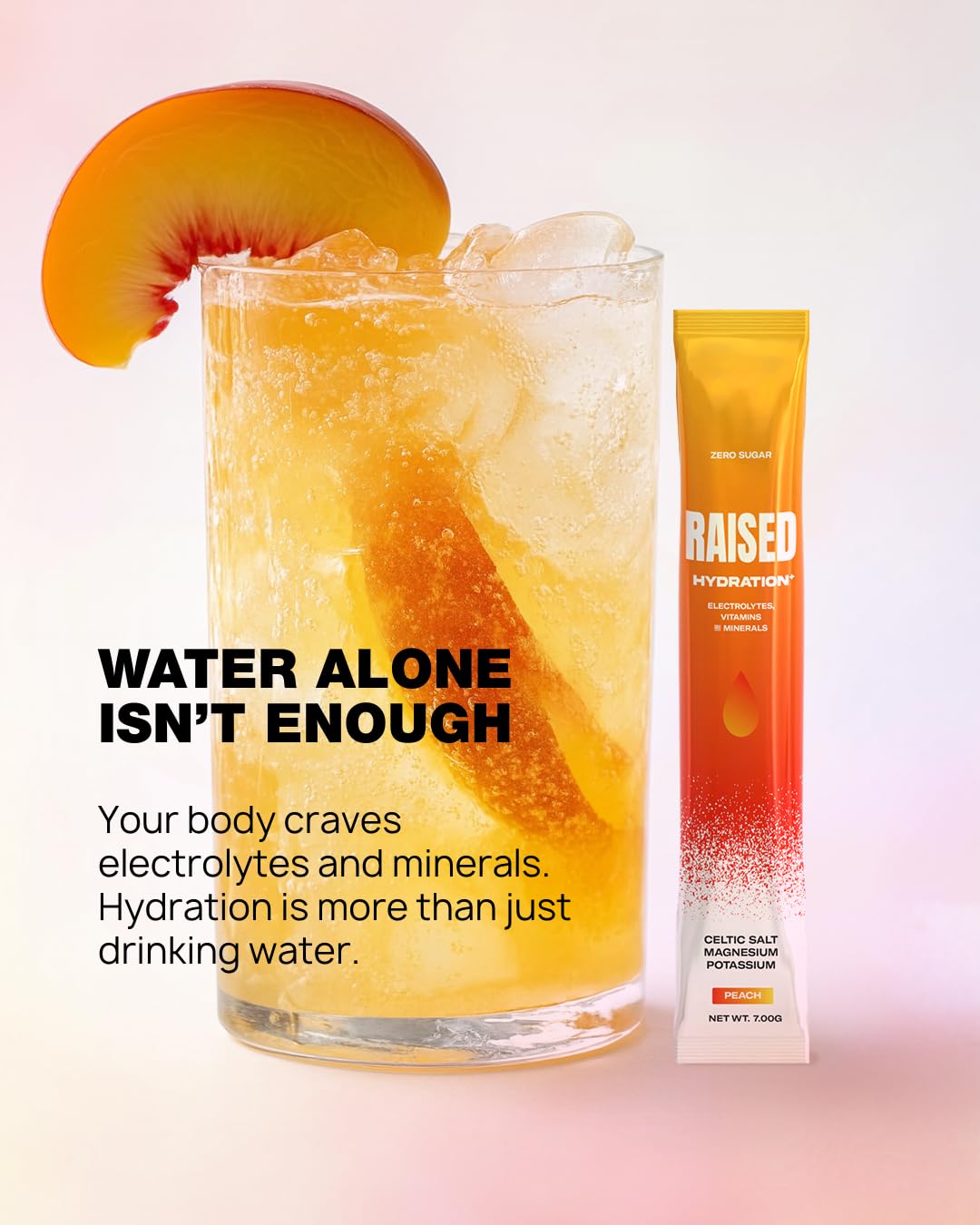 Raised Hydration+ graphique nutrition, affiche les minéraux et vitamines clés pour l’équilibre quotidien.