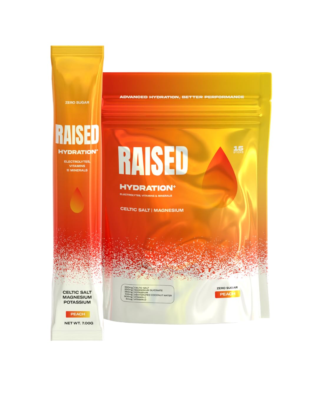 Raised Hydration+ sachets pêche, pratique pour une hydratation quotidienne sans sucre.
