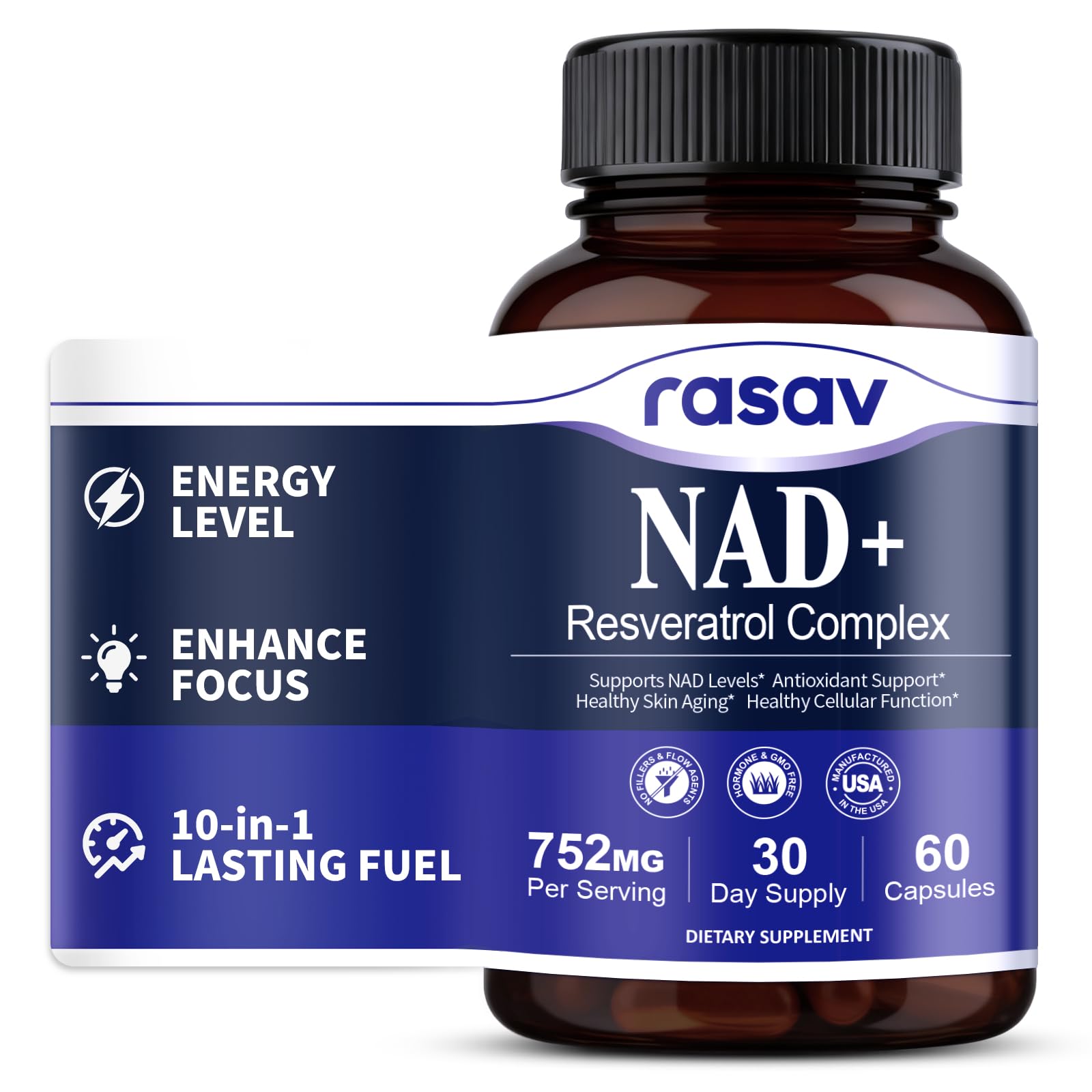 Rasav NAD 10-en-1 : bouteille pratique pour soutenir l'énergie quotidienne.