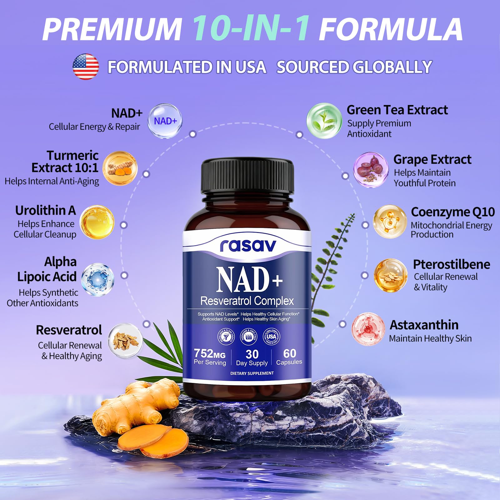 Rasav NAD 10-en-1 : capsules véganes faciles à avaler dans votre routine.