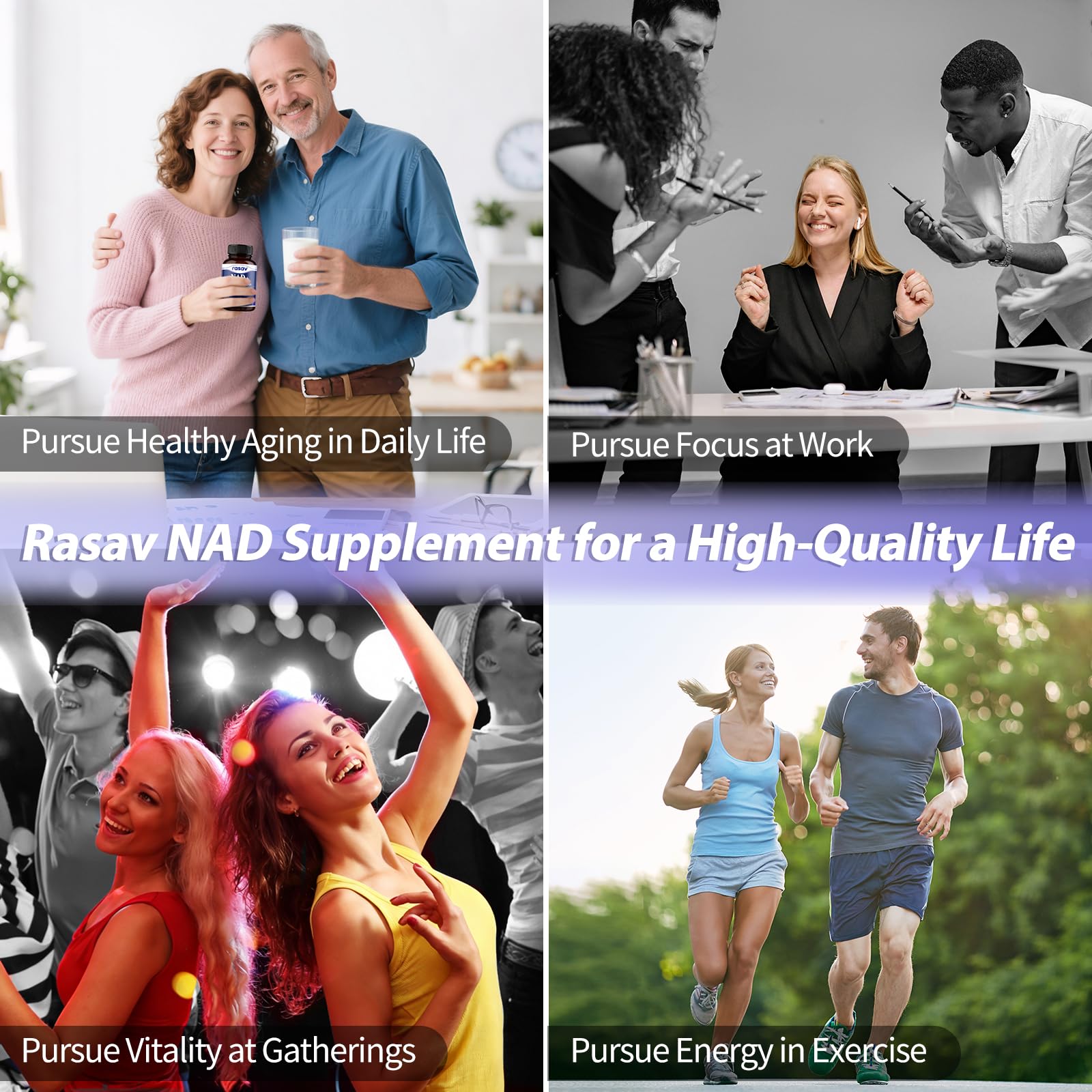 Rasav NAD 10-en-1 : ingrédients clés incluant CoQ10 et Resveratrol.
