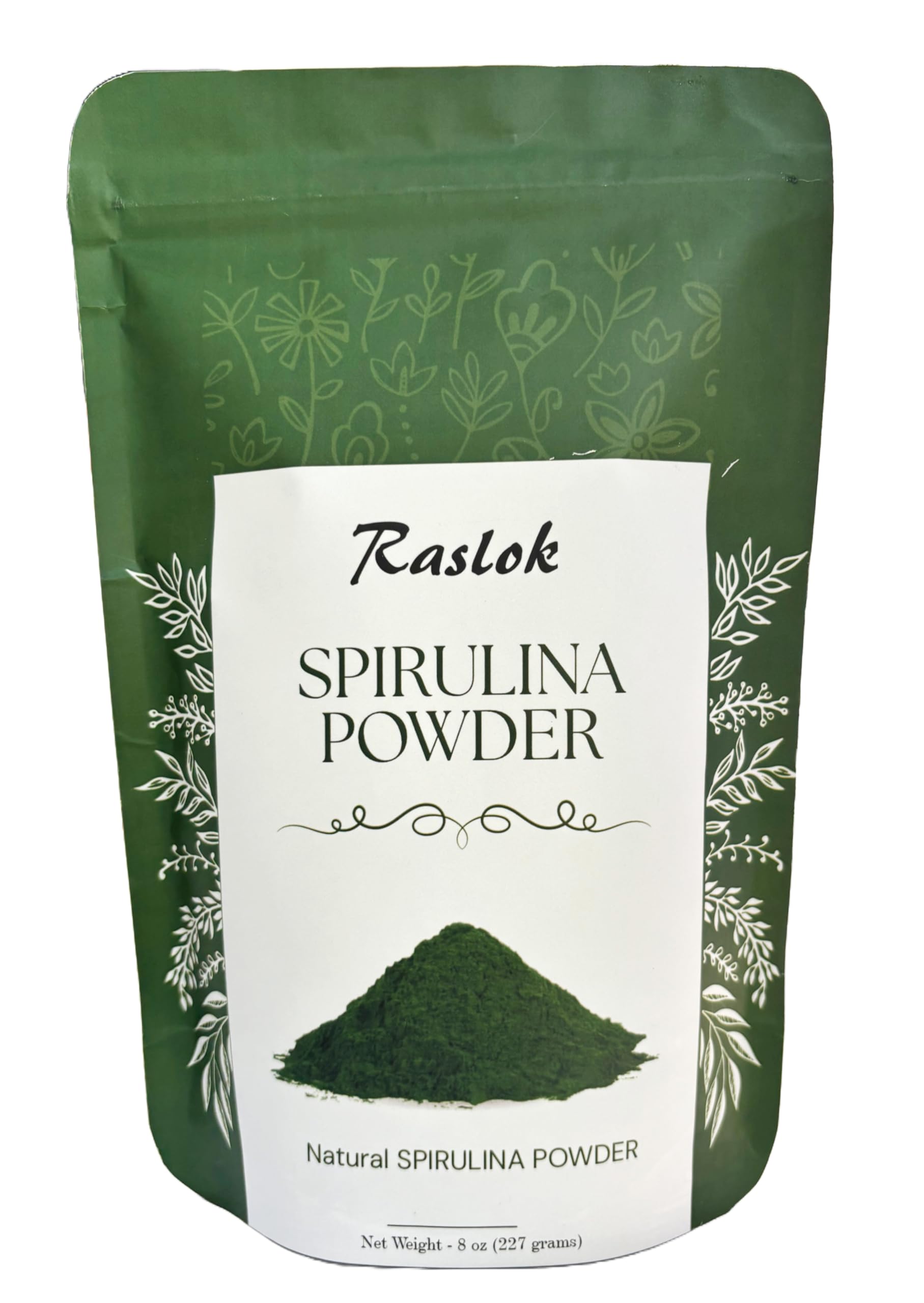 Poudre Raslok Spiruline: présentation du pot et texture pure pour énergie naturelle.