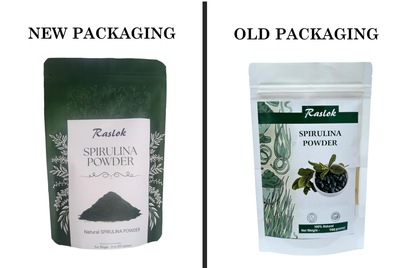 Raslok Pure Spiruline Poudre échantillon: texture fine et incorporation facile.
