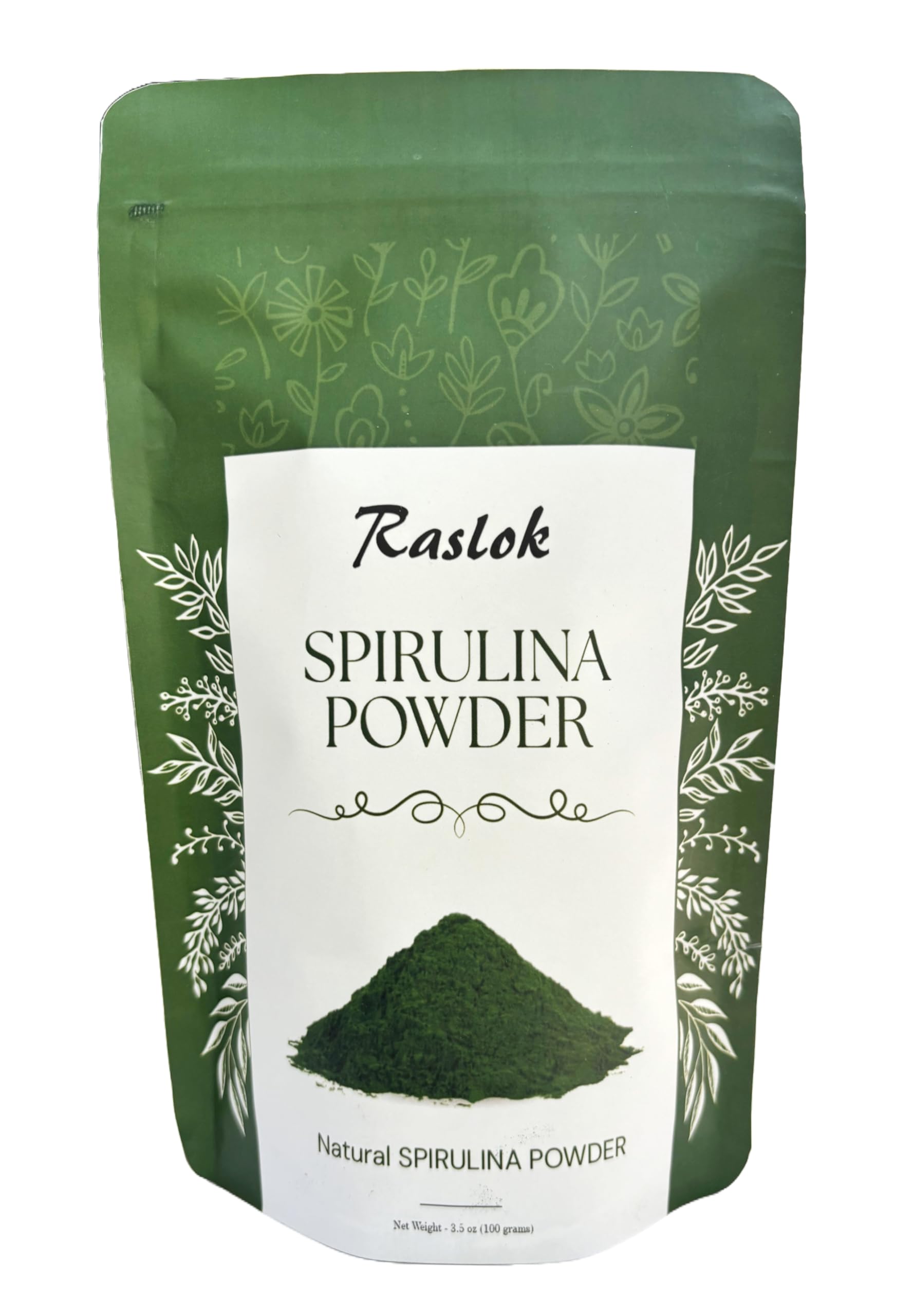 Raslok Pure Spiruline Poudre dans pot, soutien potentiel énergie naturelle.