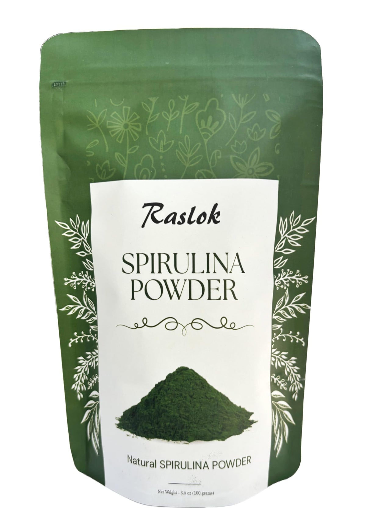 Raslok Pure Spiruline Poudre dans pot, soutien potentiel énergie naturelle.