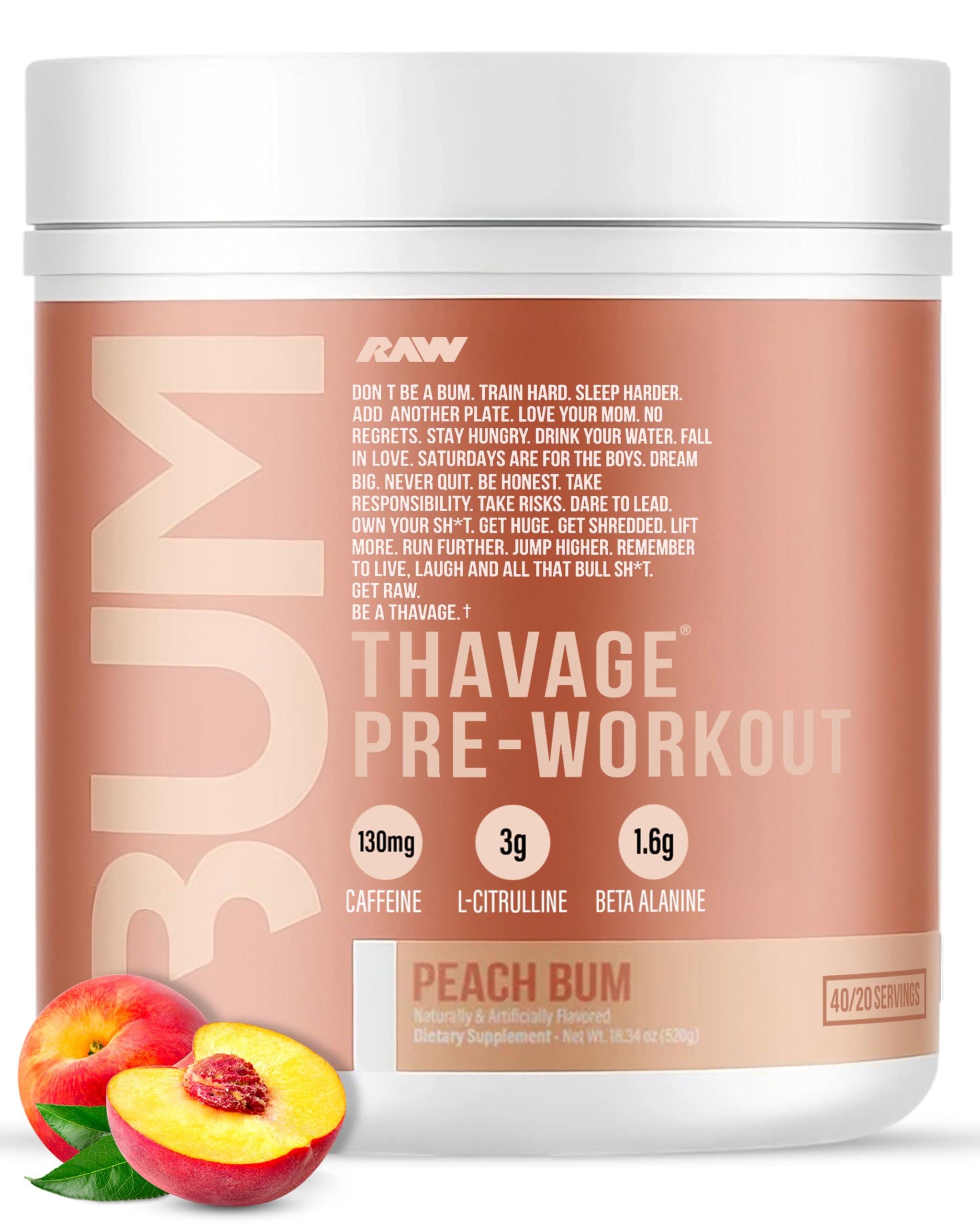 RAW Thavage poudre avant-entraînement avec doseur pour un dosage précis et énergie durable.