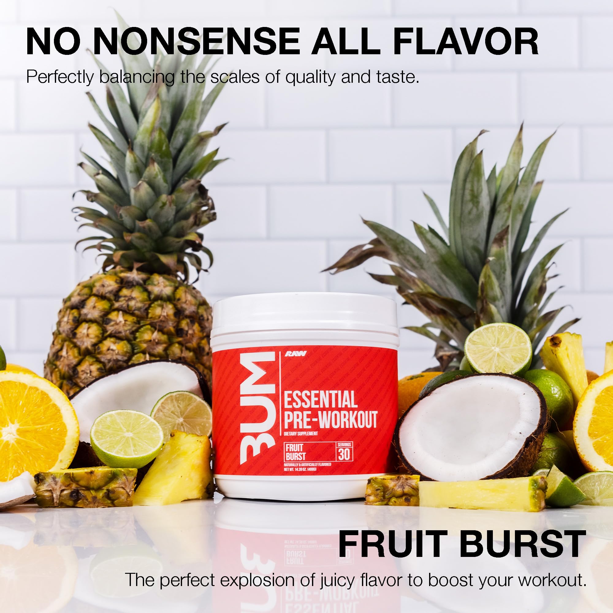 RAW Pré-entrainement Fruit Burst: etiquette et emballage visibles sur l'emballage