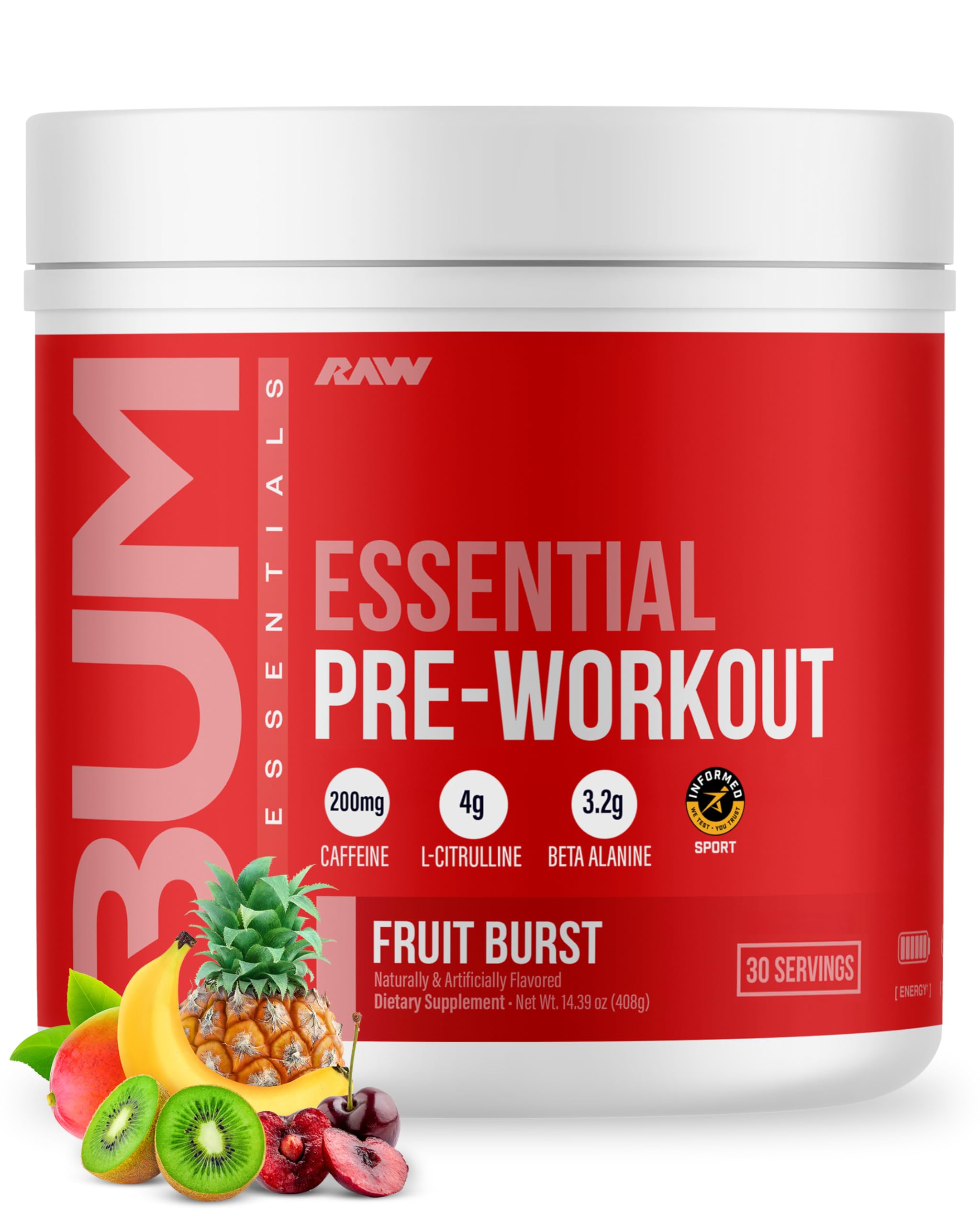 RAW Pré-entrainement Fruit Burst: poudre prête à mélanger pour énergie lors de l'entraînement